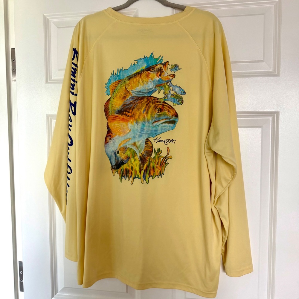 Bimini Bay Fishing Shirt Mens XXL Yellow Hook'Em Graphic Long Sleeve Performance